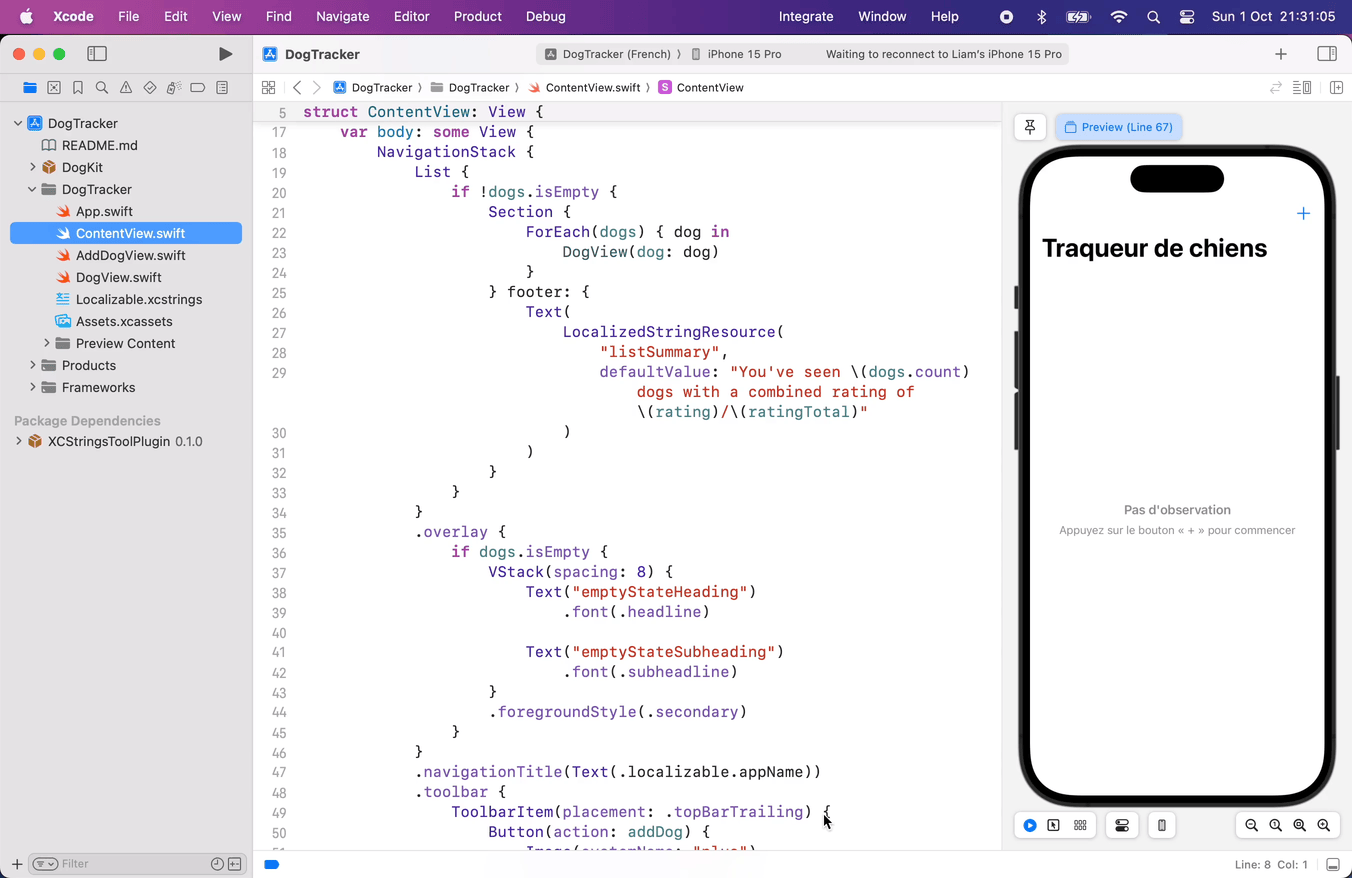 An animated gif showing the XCStrings Tool being used to replace string typed keys in an existing Xcode Project